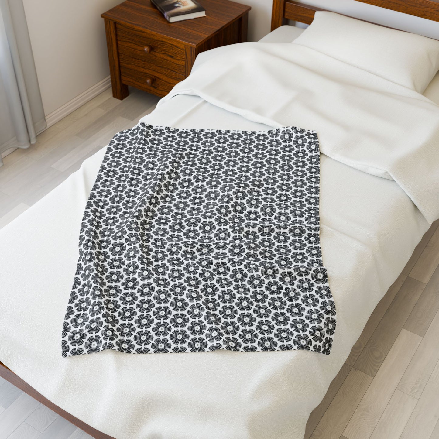 Stylized Flower, Black and White Velveteen Plush Blanket - Minimalist Pattern
