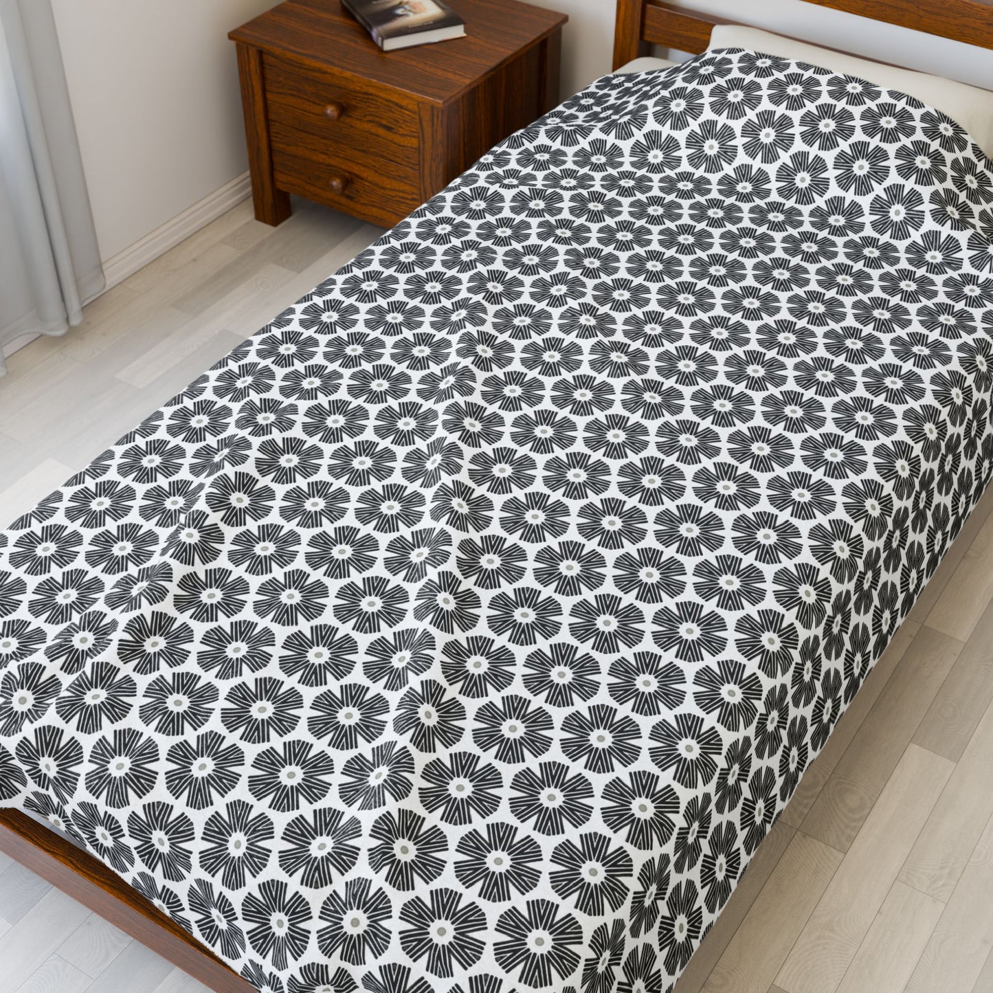Stylized Flower, Black and White Velveteen Plush Blanket - Minimalist Pattern