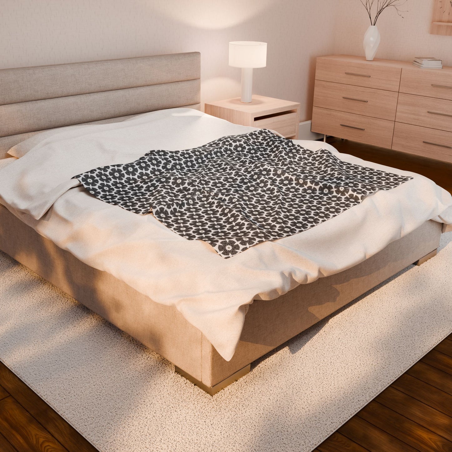 Stylized Flower, Black and White Velveteen Plush Blanket - Minimalist Pattern