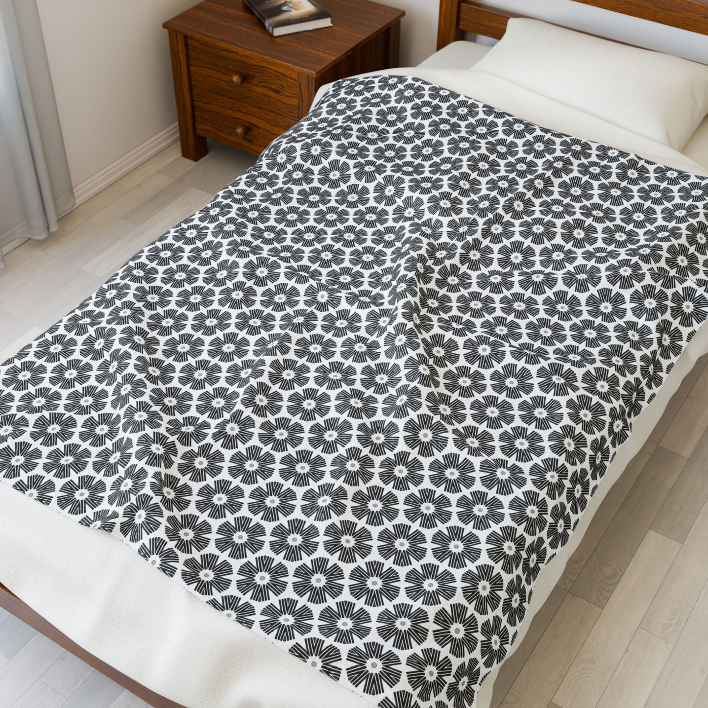Stylized Flower, Black and White Velveteen Plush Blanket - Minimalist Pattern