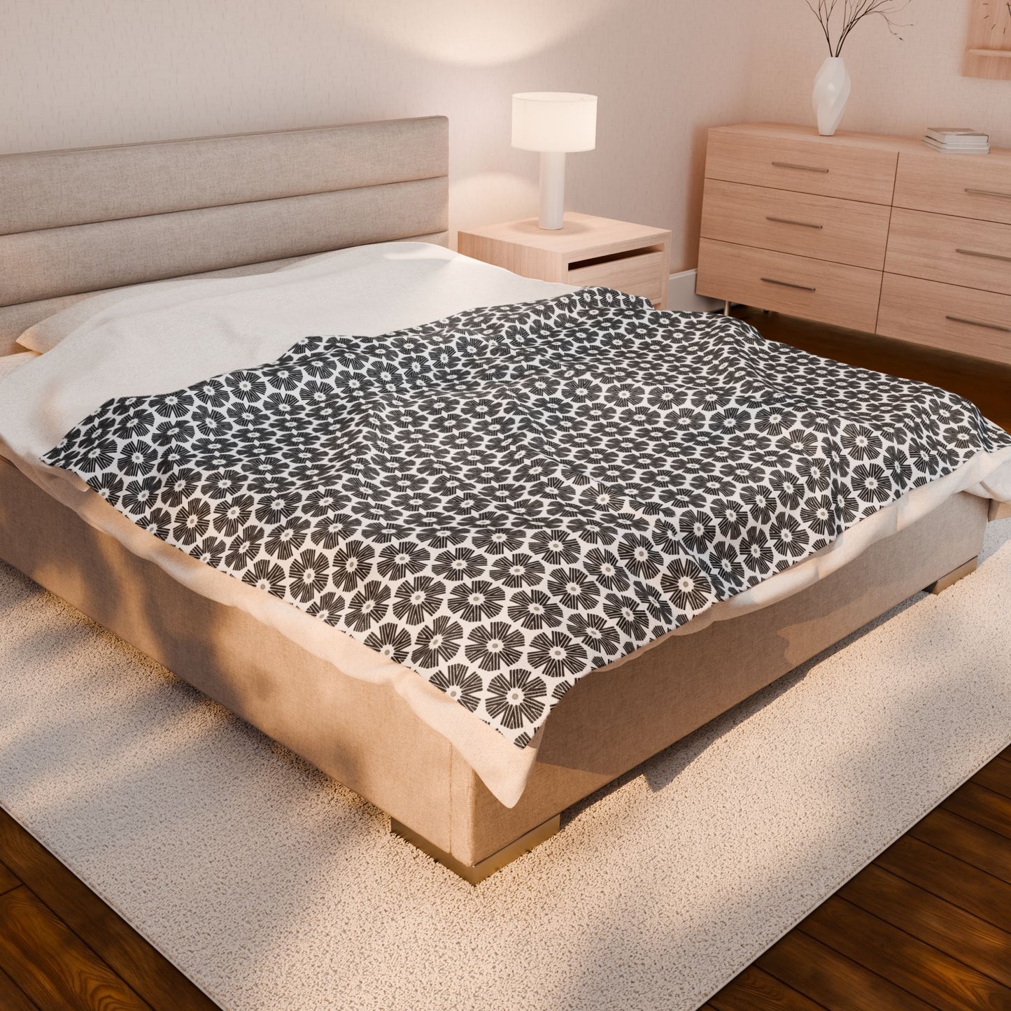 Stylized Flower, Black and White Velveteen Plush Blanket - Minimalist Pattern
