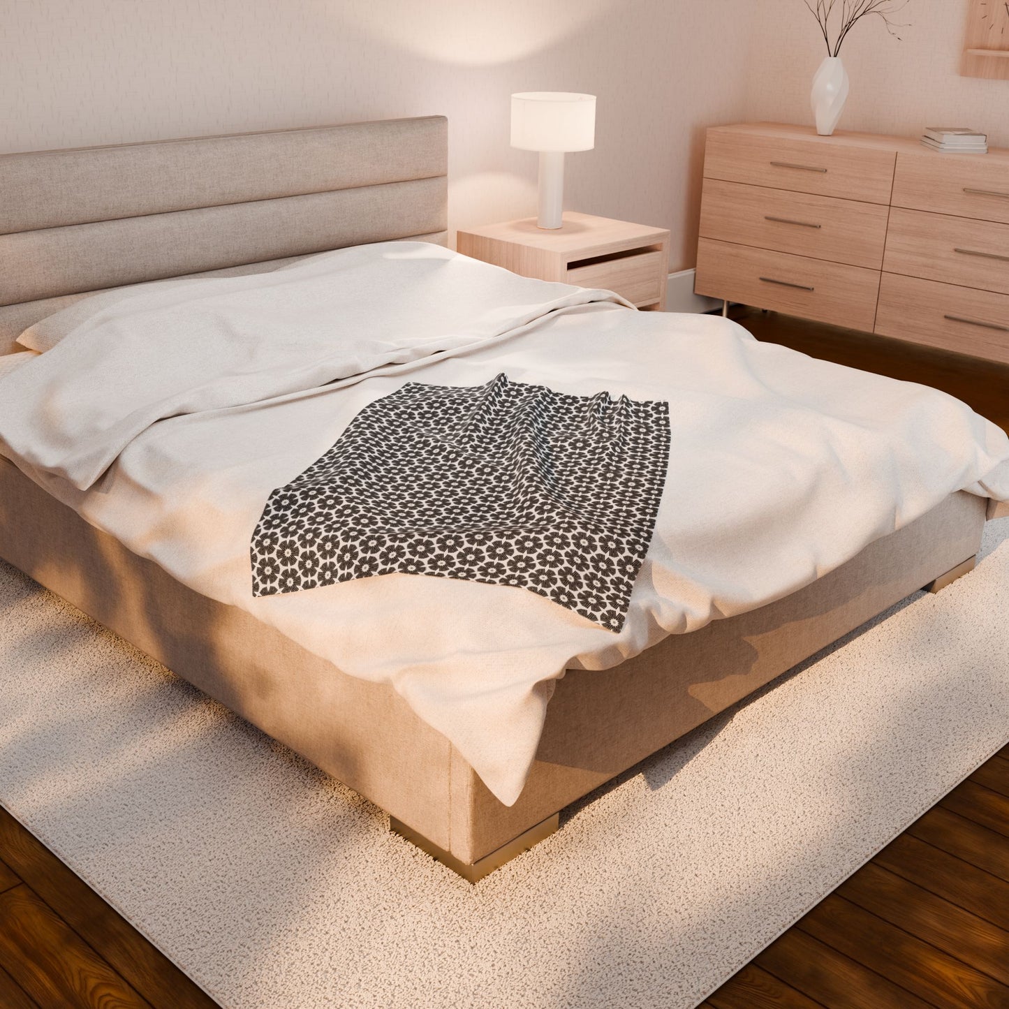 Stylized Flower, Black and White Velveteen Plush Blanket - Minimalist Pattern
