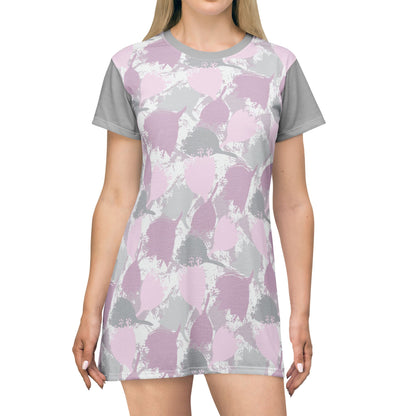 Block Print Style Flowers - T-Shirt Dress, Pink and Grey